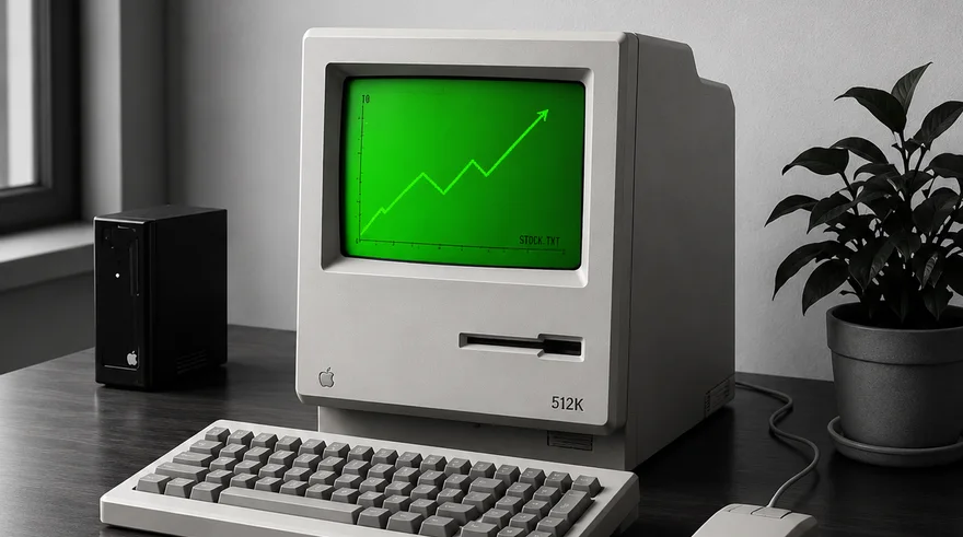 A Macintosh 512K on a dark desk showing a rising green chart labeled STOCK.TXT